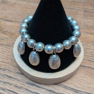 Silver Tone Beaded Stretch Bracelet with Geometric Engraved Charms VG